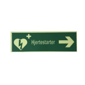 Skilt Hjertestarter til høyre